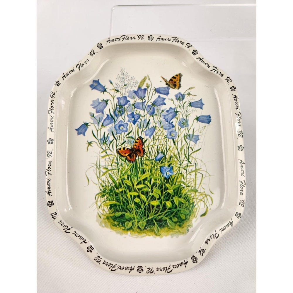 Vtg AmeriFlora '92 Collectible Metal Tray‎ Floral Bluebells Flowers Butterfly